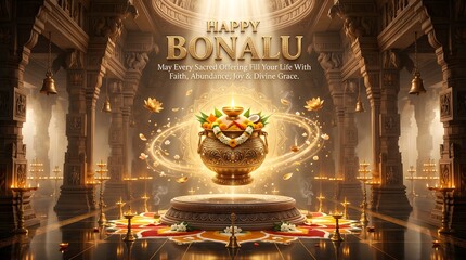 Happy bonalu festival celebration greeting card with sacred pot in temple interior
