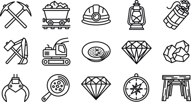 Mining industry equipment line icons set containing tools machinery diamonds coal crane helmet and heavy industrial equipment