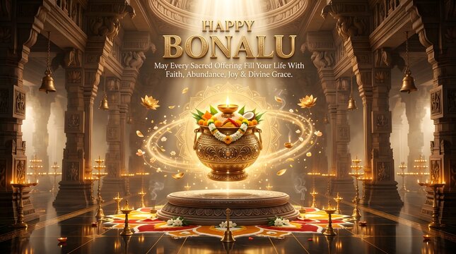 Happy bonalu festival celebration greeting card with sacred pot in temple interior