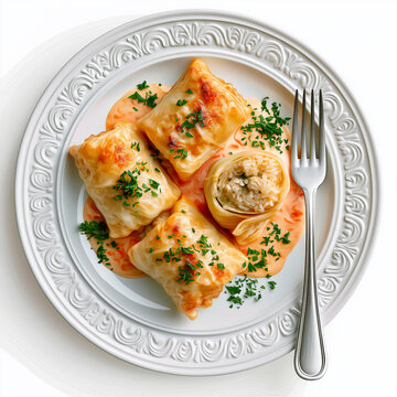Traditional Stuffed Cabbage Rolls Golubtsi on White Plate Top View Isolated on White