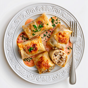 Traditional Stuffed Cabbage Rolls Golubtsi on White Plate Top View Isolated on White