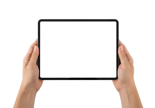 Hands holding a blank tablet device isolated on transparent background