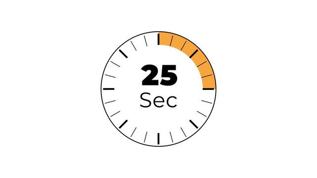 25 second countdown timer stopwatch icon animation. Analog clock timer 25 sec countdown icon with circle loop animation on white background and alpha channel motion graphic.