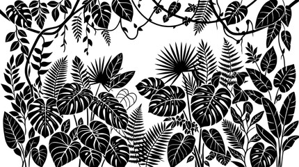 Jungle Vines and Tropical Leaves Silhouette Border - Black and White Botanical Illustration © illustration