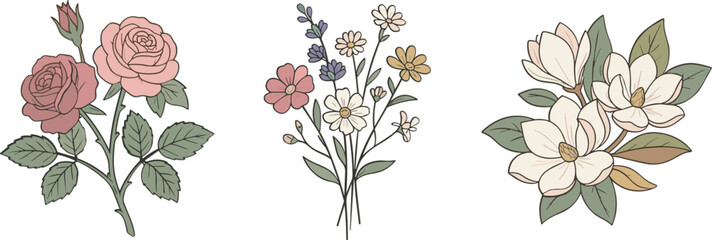 Beautiful vintage style floral bouquets vector elements set, with rose lavender and magnolia flowersBeautiful vintage style floral bouquets vector elements set, with rose lavender and magnolia flowers © Akramul