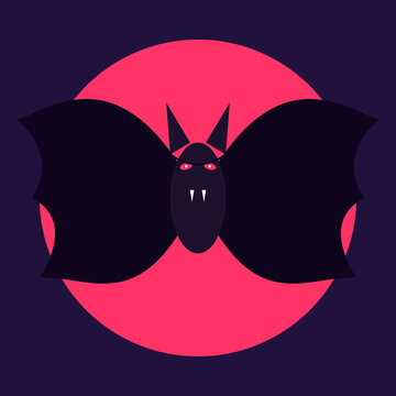Symmetrical minimalist vampire bat illustration with spread wings against a red moon and dark background