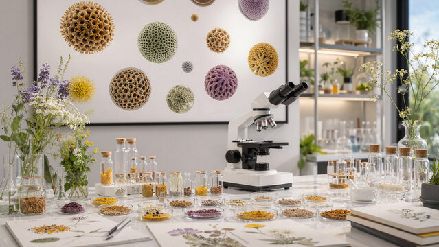 Microscope and petri dishes are set on a table in a modern lab while various dried plants are displayed for study