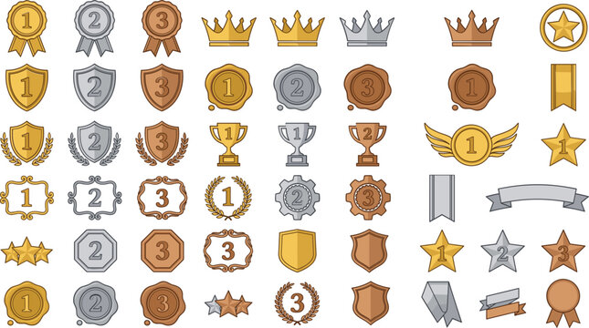 Gold silver bronze ranking medals and badges vector set, with first second third place trophiesGold silver bronze ranking medals and badges vector set, with first second third place trophies