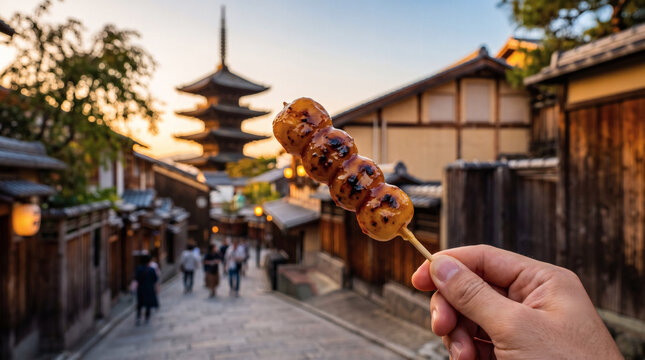 Hand holding sweet mitarashi dango rice dumplings on a stick with Kyoto Yasaka pagoda sunset background