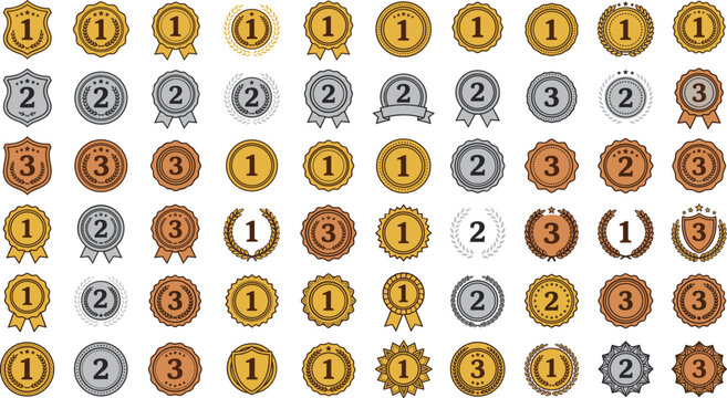 Gold silver bronze ranking medals and badges vector set, with first second third place shieldsGold silver bronze ranking medals and badges vector set, with first second third place shields