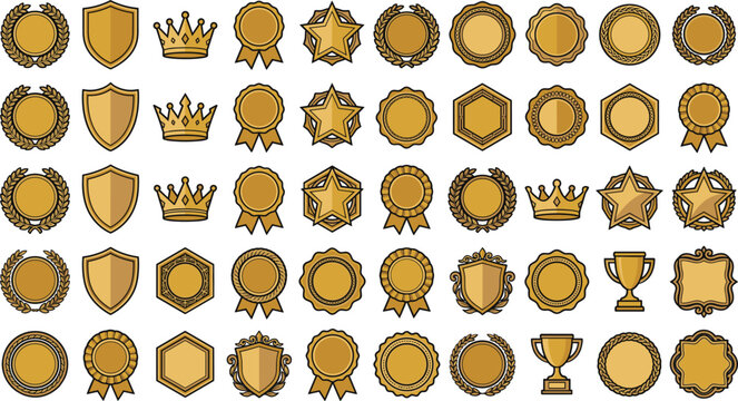 Golden premium award medals and badges vector set, with shields trophies crowns laurel wreaths frames