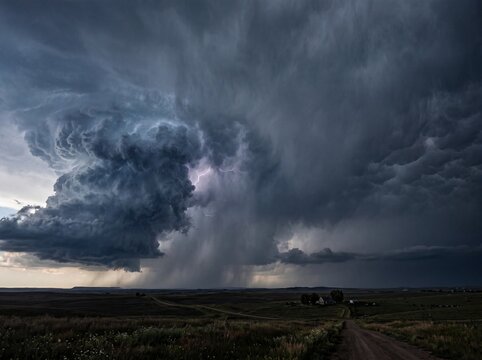 Dark storm clouds gather over a rural landscape. A dirt road leads into the distance. Rain falls in the background, creating a dramatic sky.