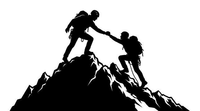 Silhouette of mountaineers helping each other on mountain peak, teamwork and partnership concept, climbers reaching the summit together on white background