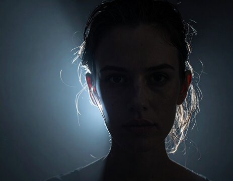 Half-lit face emerging from deep shadow in dramatic backlighting