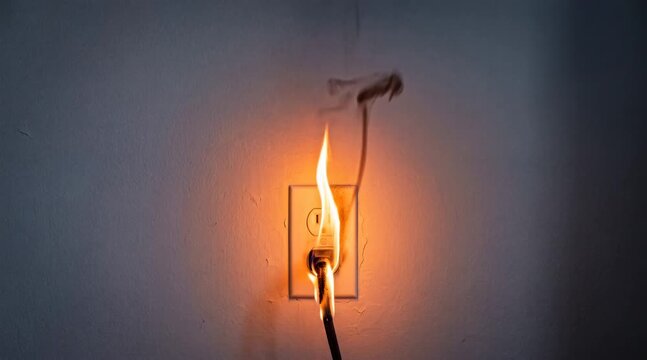 An electrical outlet with a burning wire. Flames and smoke are visible, indicating a fire hazard. The background is a plain wall.
