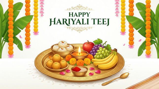 Happy Hariyali Teej Vector Background with Puja Thali, Traditional Sweets, Fruits, Diya, and Marigold Flower Garlands Decoration