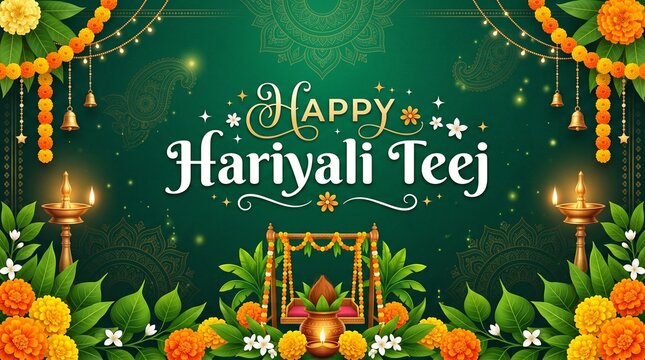 Happy Hariyali Teej Vector Background with Swing, Marigold Garland, Diya, and Kalash for Indian Festival Banner Design