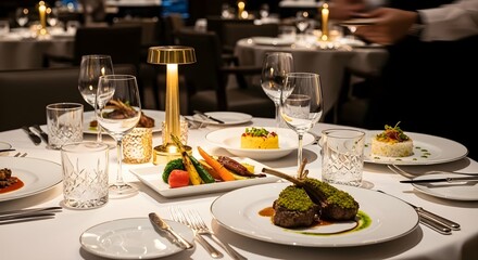 Fototapeta premium Gourmet dinner with lamb chops and wine served on a white tablecloth in a luxury fine dining restaurant