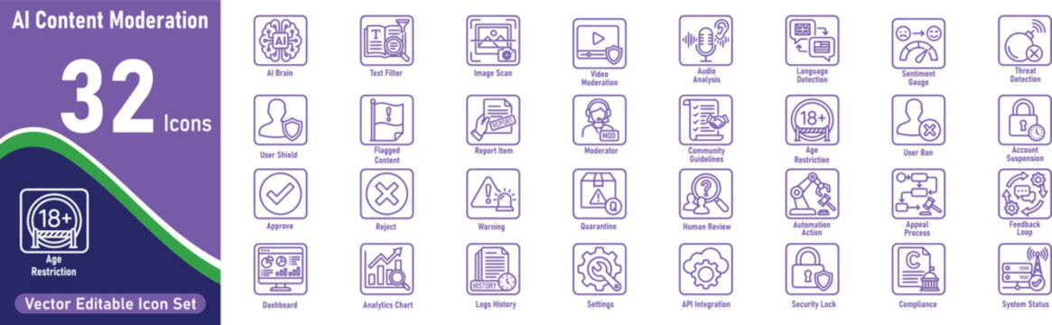 Ai content moderation icon set 32 vector graphics for digital safety and compliance