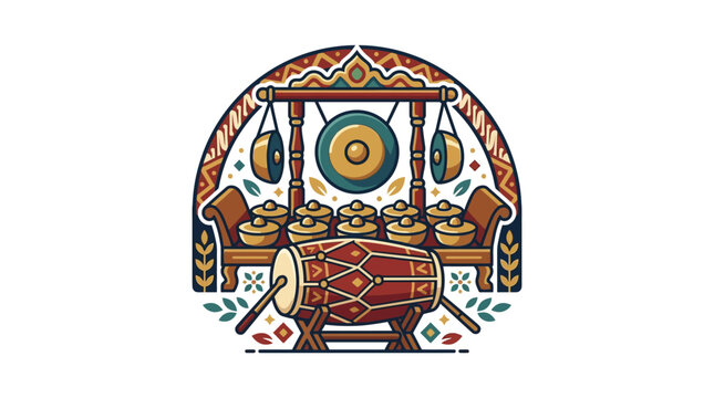 Decorative illustration of complete traditional Gamelan percussion set.
