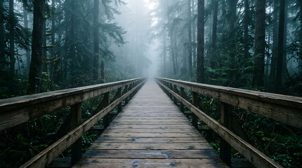 Fototapeta premium Wooden footbridge leading through a misty atmospheric evergreen forest trail with landscape adventure atmospheric wilderness evergreen perspective