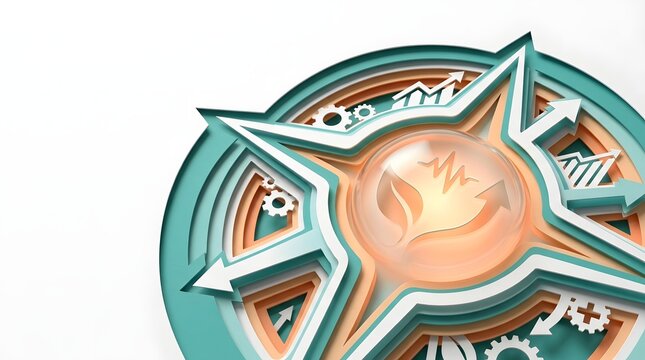 Abstract 3D paper cut style compass illustration with business and nature icons.
