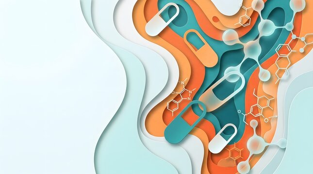 Abstract background with paper cut layers and medical science elements like capsules and molecule structures.
