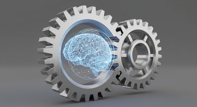 Glowing digital brain inside interlocking metallic gears representing artificial intelligence and machine learning