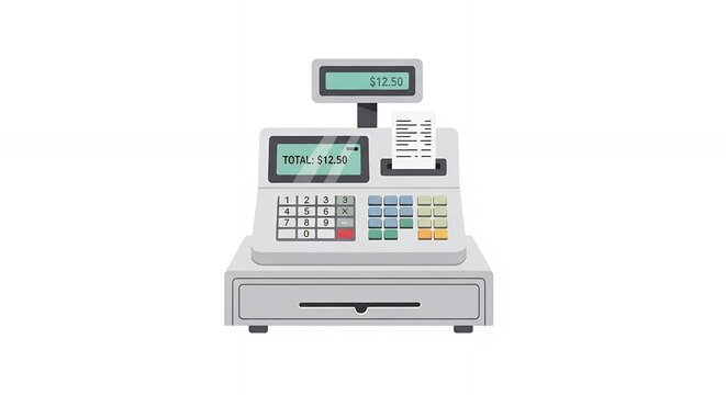 Electronic Cash Register Machine with Digital Display and Receipt Paper for Retail Sales and Business Transactions