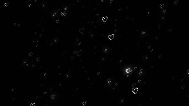 Black background outline hearts, soft glowing , elegant romantic spacing. Valentine wedding intros, anniversary greetings, love slideshows, social media reels, romantic overlays, stylish backgrounds.