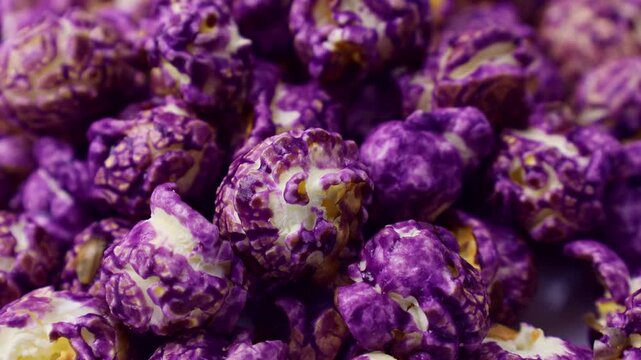 Bright purple grape popcorn falling down close up