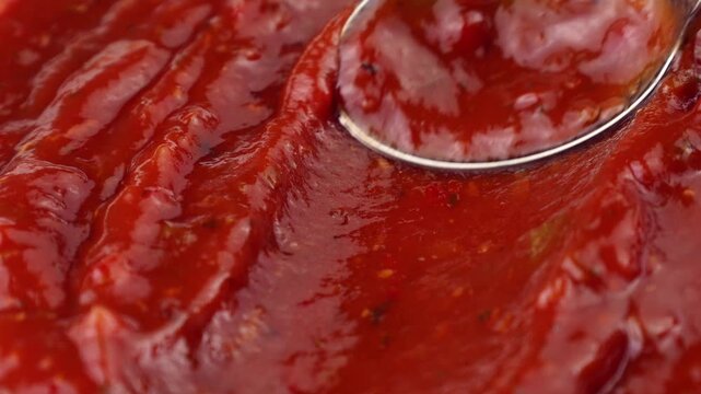 Red Arrabbiata sauce spreading by a spoon close up