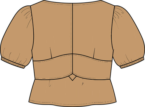Women puff sleeve peplum top fashion technical illustration vector flat sketch back view template mockup