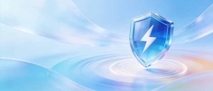 Blue cybersecurity shield on abstract technology background with copy space, idea for web banner and digital protection
