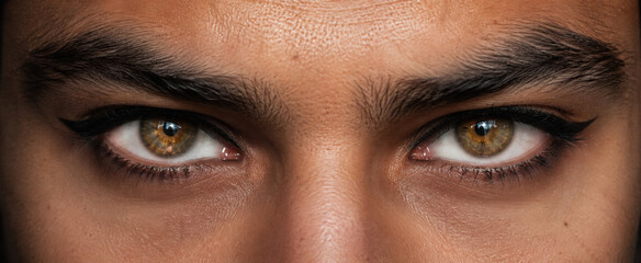 Naklejka premium Intense close-up portrait of a man with sharp eyeliner and piercing gaze conveying deep emotion