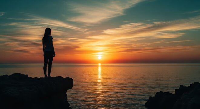 Silhouette of a Young Woman Standing on a Rocky Cliff Watching a Beautiful Golden Sunset Over the Calm Ocean Horizon