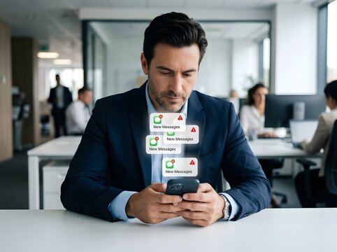 A professional male employee in a business suit focuses on his mobile phone to manage numerous incoming digital notifications and urgent electronic communications during his busy workday