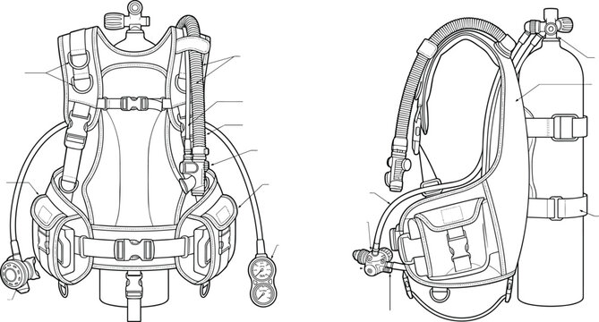 Detailed Line Art Illustration of Scuba Diving BCD with Air Tank and Equipment Components