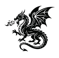 Fototapeta premium Mythical fire breathing dragon vector illustration black silhouette mascot logo isolated on a clean white background