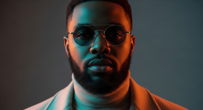 Portrait of a Stylish Black Man in Sunglasses with Dramatic Teal and Orange Lighting for Fashion and Lifestyle