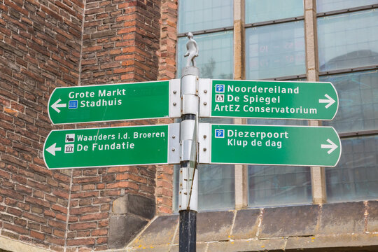 Tourist sign in front of a historic building in Zwolle, Netherlands