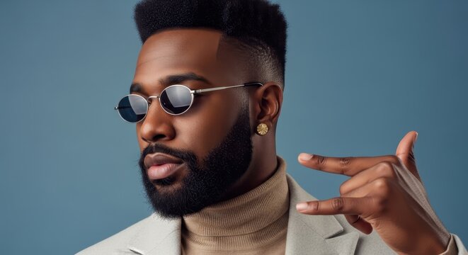 Stylish Black Man with Beard and Sunglasses Posing Confidently in Studio Setting with Modern Fashion Apparel