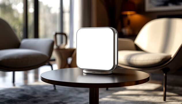 Minimal square light box mockup on modern table with cozy interior background realistic illuminated display for logo branding and product presentation
