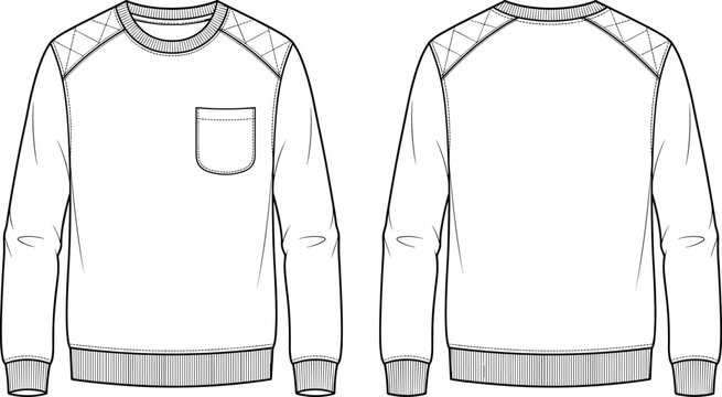 Men quilted shoulder patch sweatshirt with chest pocket technical flat sketch vector illustration mockup front back view