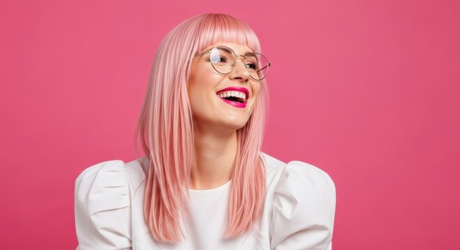 Cheerful Stylish Woman with Vibrant Pink Hair and Round Glasses Smiling on Pink Backdrop