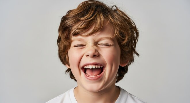 Portrait of a Happy Young Boy with Wavy Brown Hair Laughing Heartily on White Background