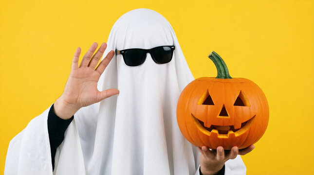 Ghost in white costume holding pumpkin and waving hand against yellow background for Halloween