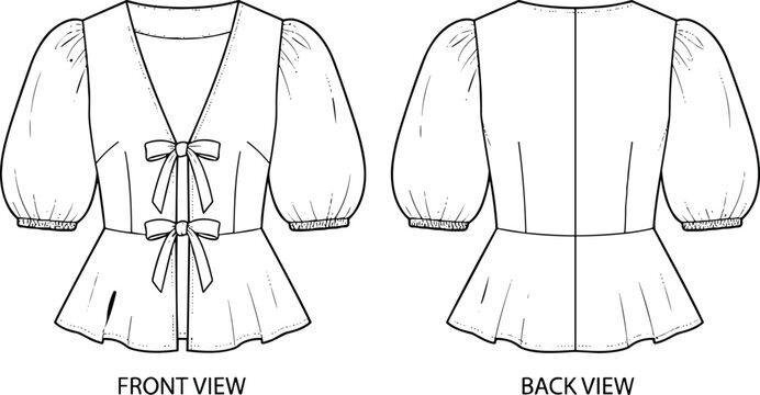 V neck tie front top with puffed short sleeves line art vector illustration technical drawing for apparel tech pack