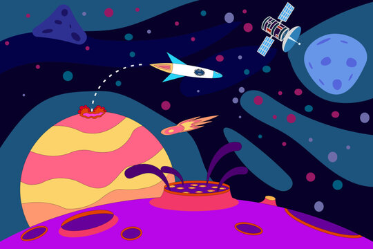 Cosmic vector illustration rocket on the space planets and satellite. 