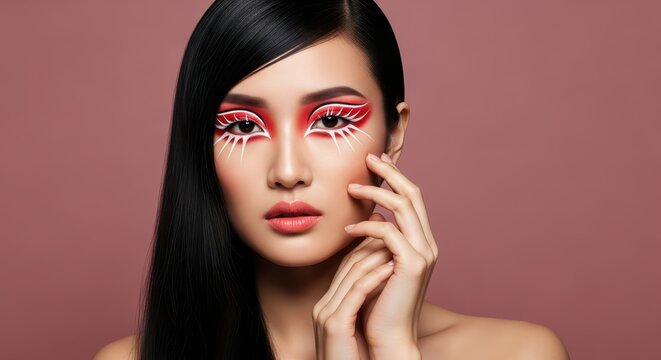 Beautiful Asian Woman with Bold Artistic Red and White Graphic Eye Makeup Portrait for Beauty and Fashion
